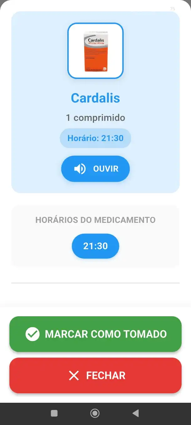 Tela de detalhe do Cardalis com botão OUVIR e horário