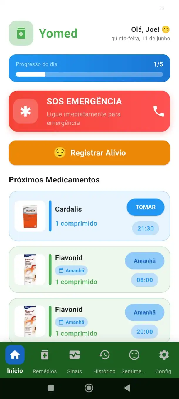 Tela inicial do Yomed com lembretes e botão tomar